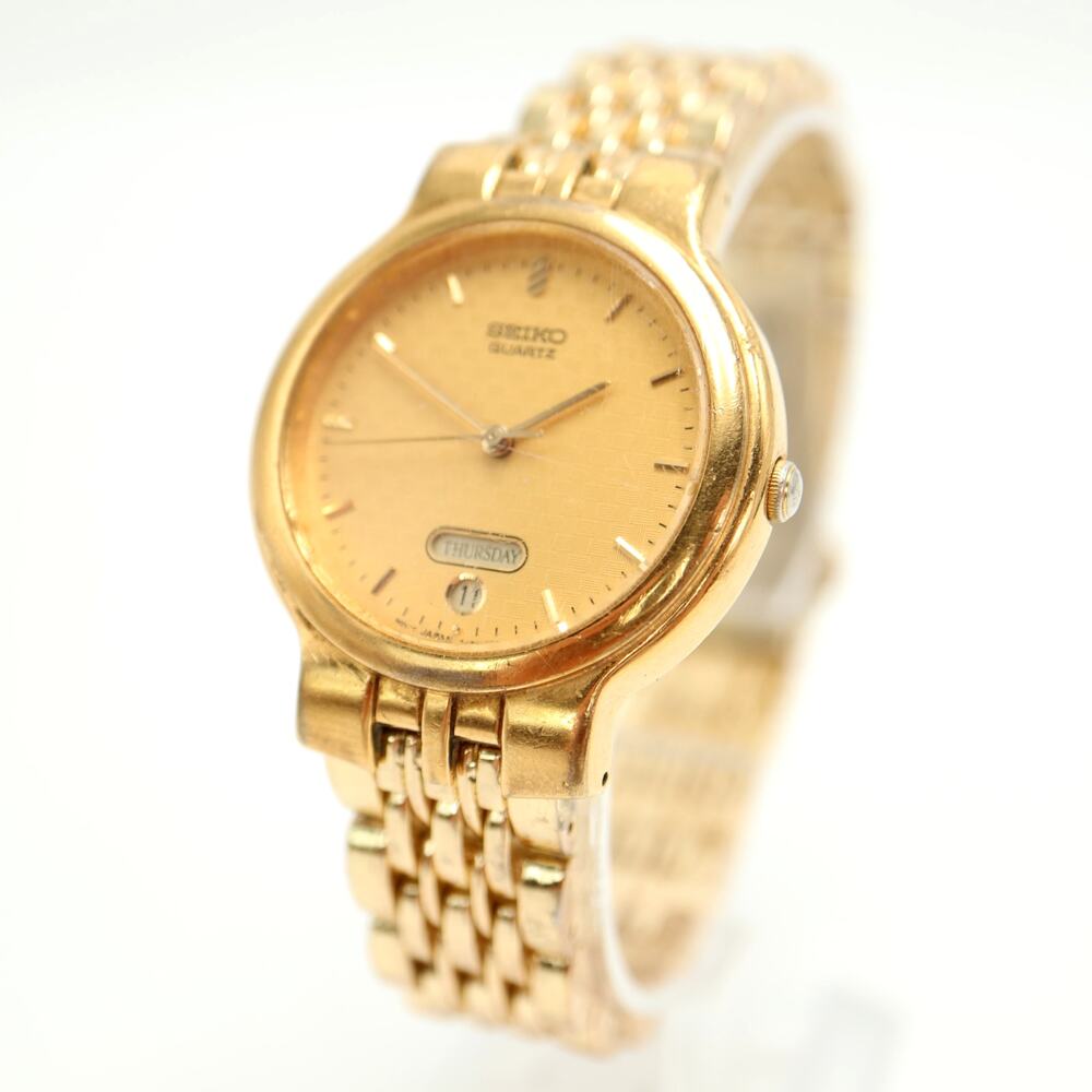 Vintage Seiko Full Day Date Gold Tone 33mm Watch Checker Dial w New Battery